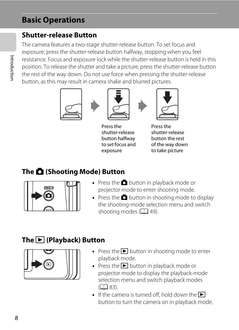 Basic operations, Shutter-release button, The shooting mode button | The playback button, C (playback) button | Nikon Coolpix S1100pj User Manual | Page 22 / 216