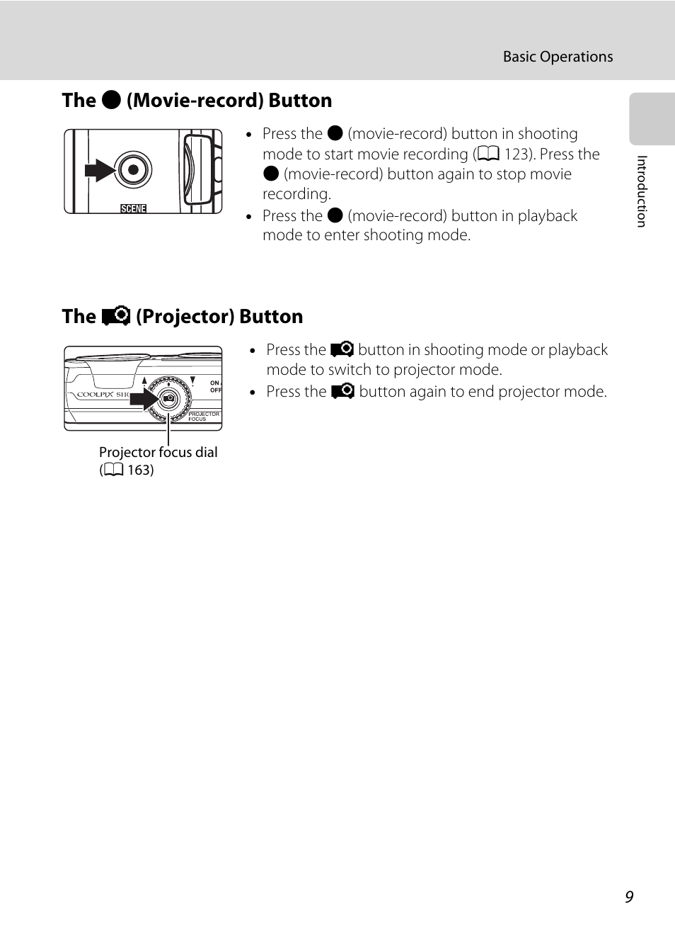The movie-record button, The projector button, B (movie-record) button | P (projector) button | Nikon Coolpix S1100pj User Manual | Page 23 / 216