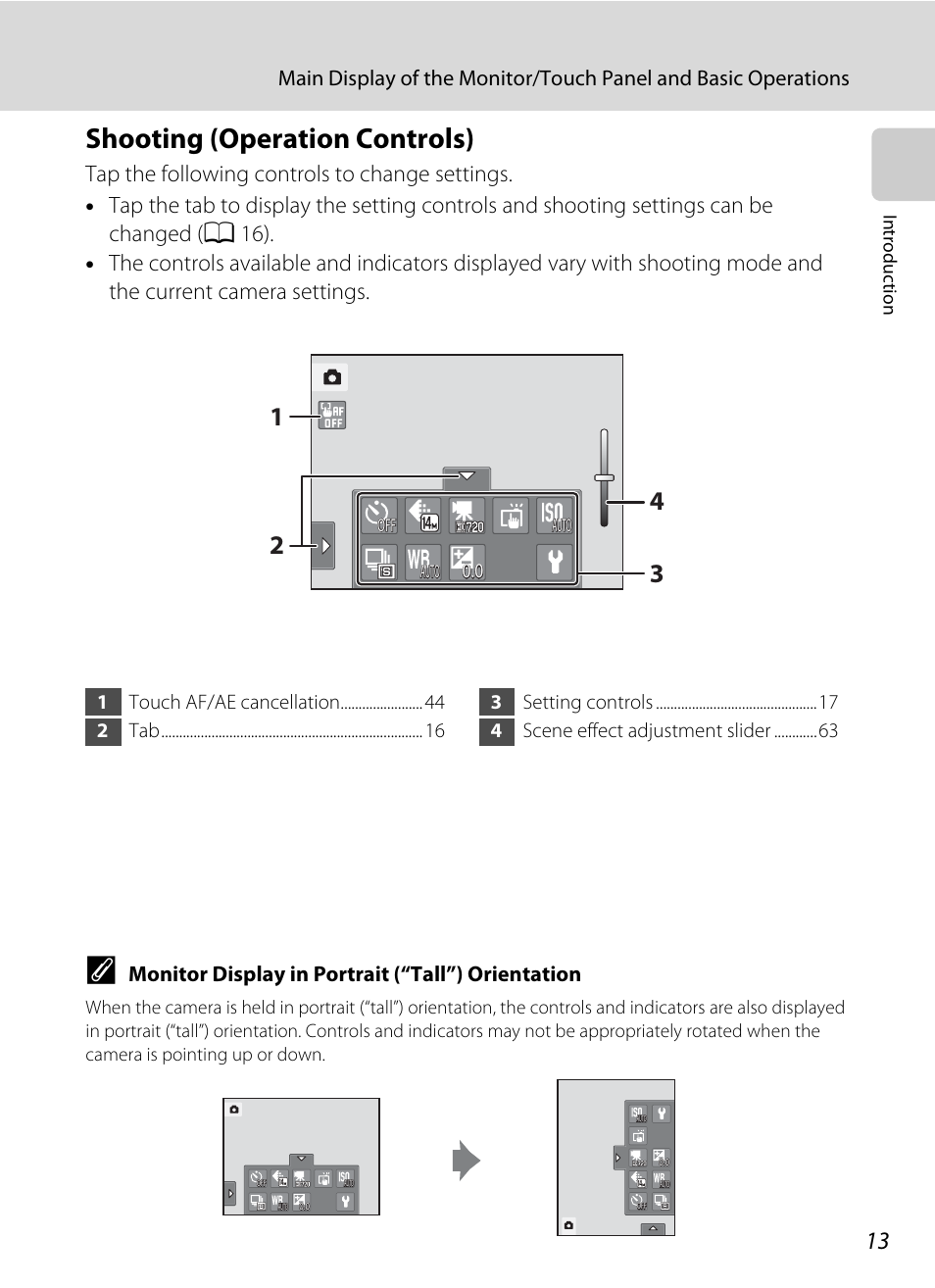 Shooting (operation controls), Monitor display in portrait (“tall”) orientation | Nikon Coolpix S1100pj User Manual | Page 27 / 216