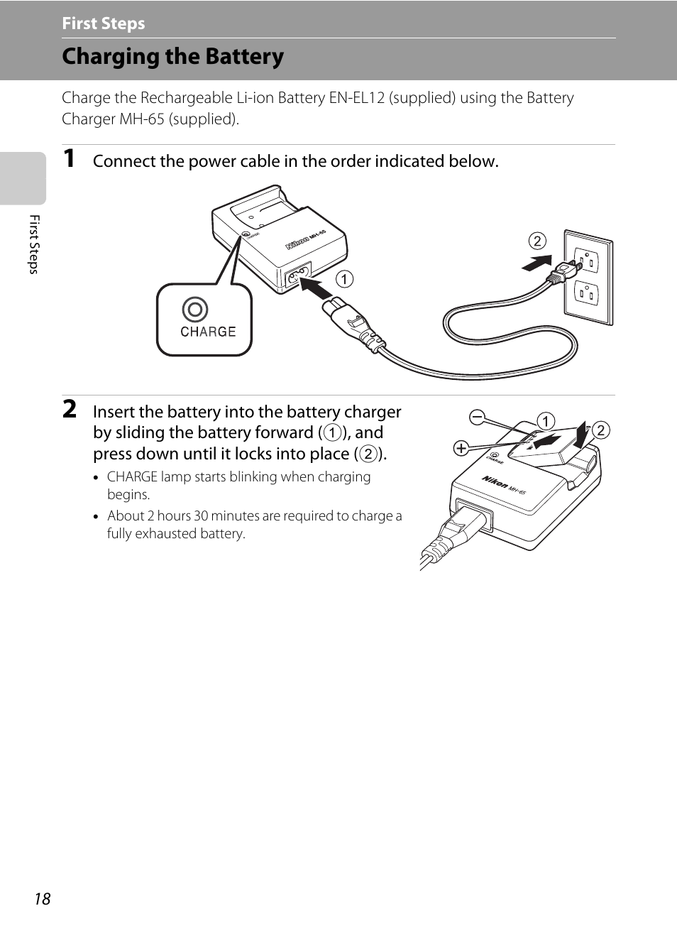 First steps, Charging the battery | Nikon Coolpix S1100pj User Manual | Page 32 / 216