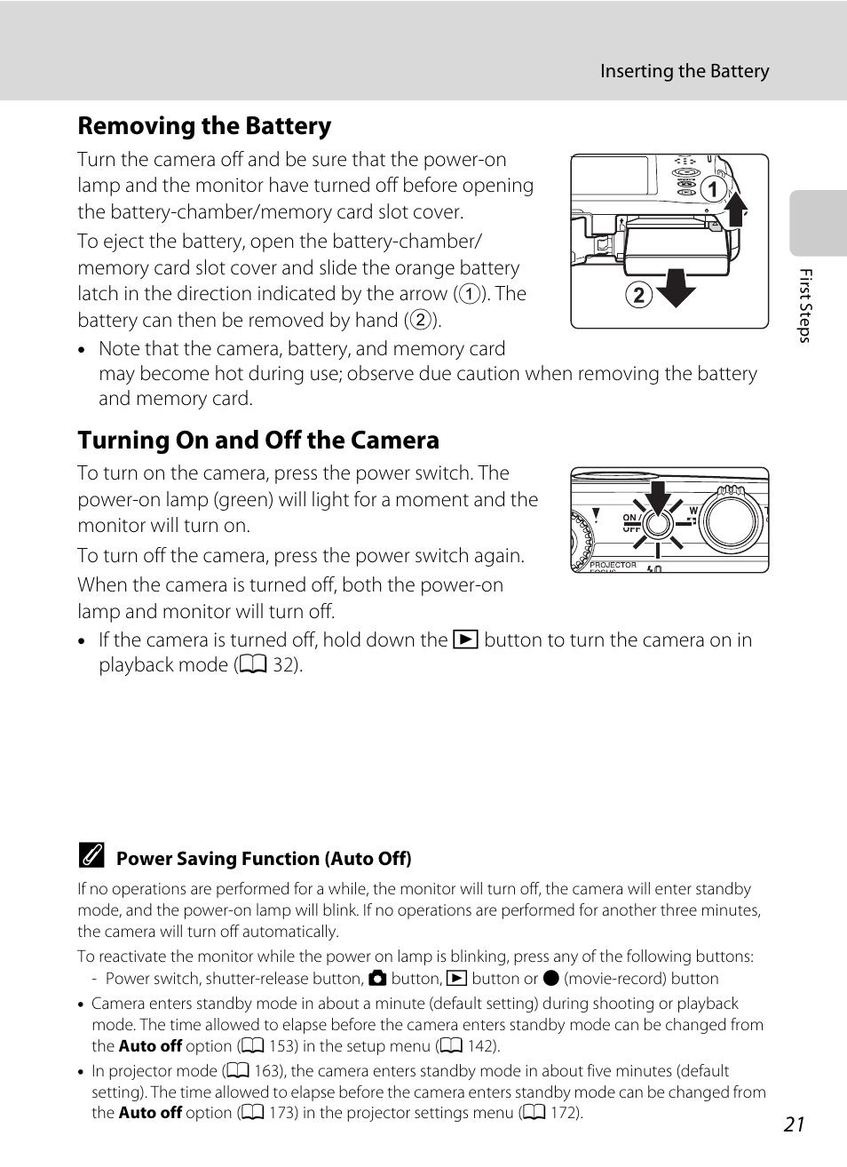 Removing the battery, Turning on and off the camera, Removing the battery turning on and off the camera | Nikon Coolpix S1100pj User Manual | Page 35 / 216