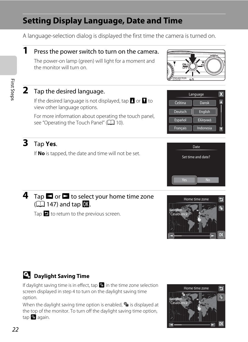 Setting display language, date and time, Press the power switch to turn on the camera, Tap the desired language | Tap yes | Nikon Coolpix S1100pj User Manual | Page 36 / 216