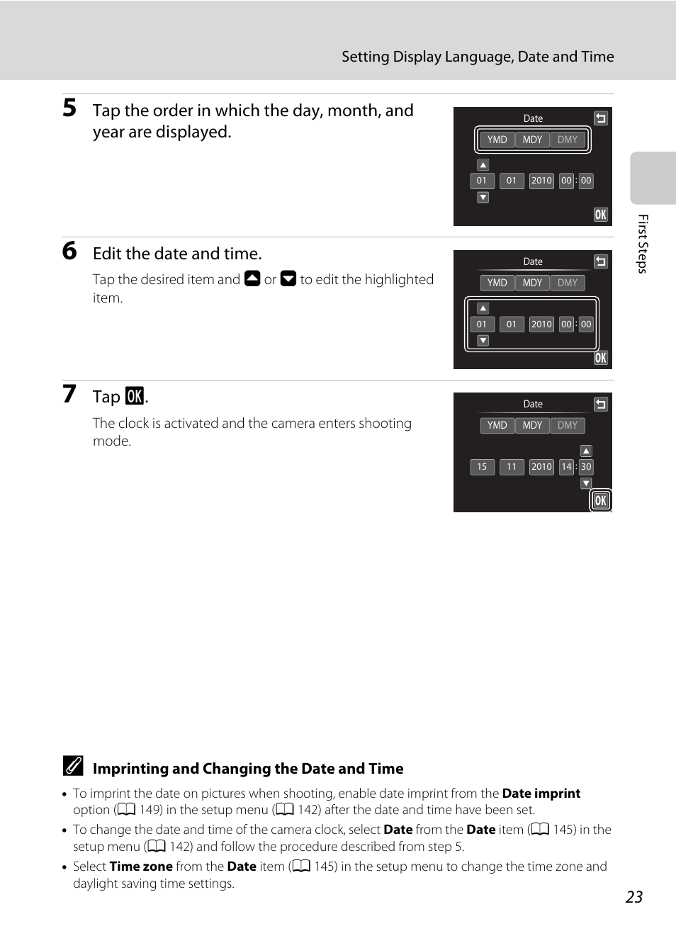 Edit the date and time, Tap i, Setting display language, date and time | Imprinting and changing the date and time | Nikon Coolpix S1100pj User Manual | Page 37 / 216