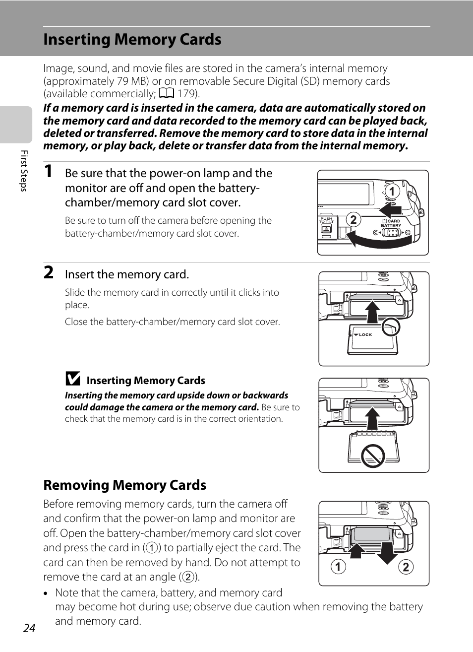 Inserting memory cards, Removing memory cards | Nikon Coolpix S1100pj User Manual | Page 38 / 216