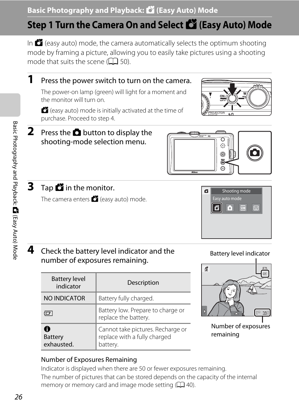 Basic photography and playback: easy auto mode, Basic photography and playback: g (easy auto) mode | Nikon Coolpix S1100pj User Manual | Page 40 / 216