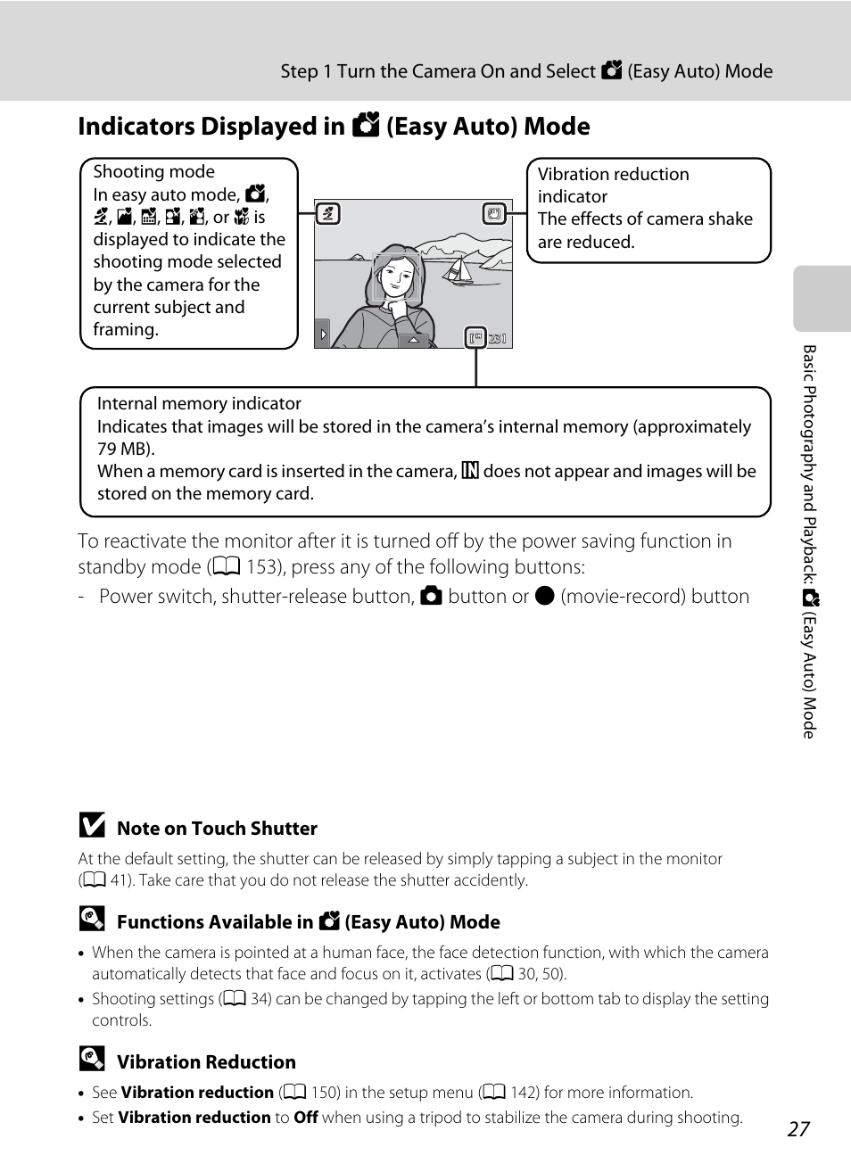 Indicators displayed in easy auto mode, Indicators displayed in g (easy auto) mode | Nikon Coolpix S1100pj User Manual | Page 41 / 216