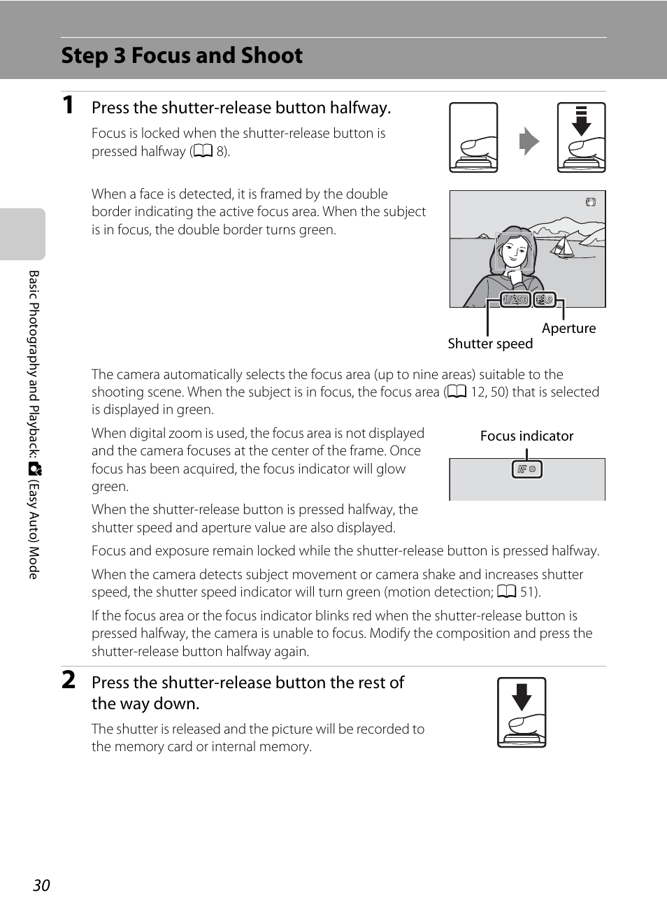 Step 3 focus and shoot, A 30, 5, Press the shutter-release button halfway | Nikon Coolpix S1100pj User Manual | Page 44 / 216