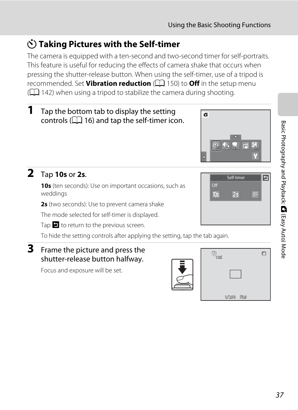 Taking pictures with the self-timer, N taking pictures with the self-timer, Tap 10s or 2s | Nikon Coolpix S1100pj User Manual | Page 51 / 216