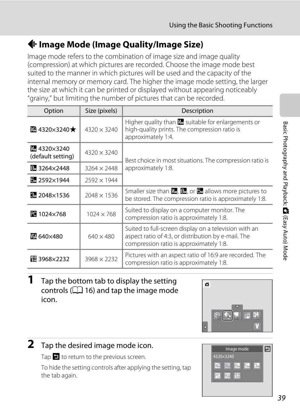 Image mode (image quality/image size), A image mode (image quality/image size), A 39) and | Tap the desired image mode icon | Nikon Coolpix S1100pj User Manual | Page 53 / 216