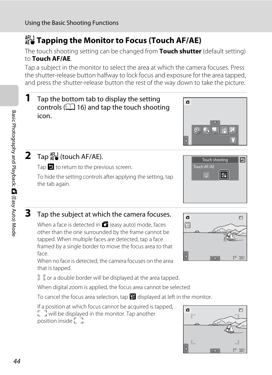 Tapping the monitor to focus (touch af/ae), R tapping the monitor to focus (touch af/ae), A 44 | A 44), Tap r (touch af/ae), Tap the subject at which the camera focuses | Nikon Coolpix S1100pj User Manual | Page 58 / 216