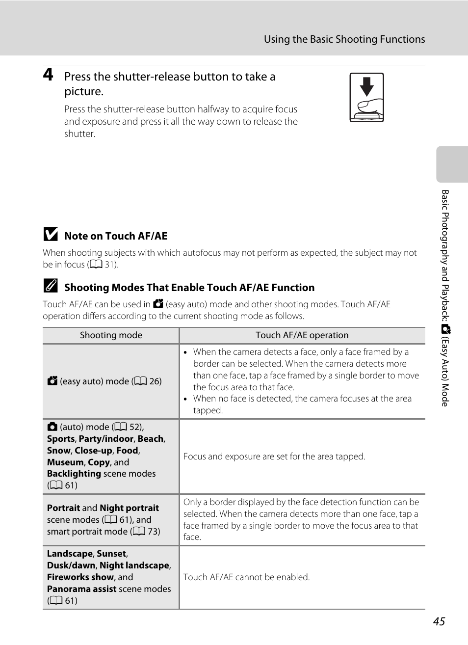 Press the shutter-release button to take a picture | Nikon Coolpix S1100pj User Manual | Page 59 / 216