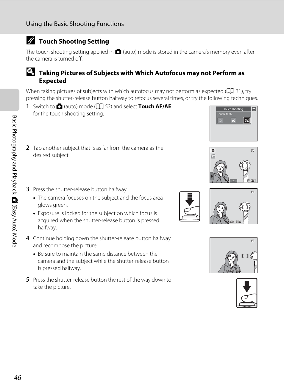 A 46), Using the basic shooting functions, Touch shooting setting | Nikon Coolpix S1100pj User Manual | Page 60 / 216