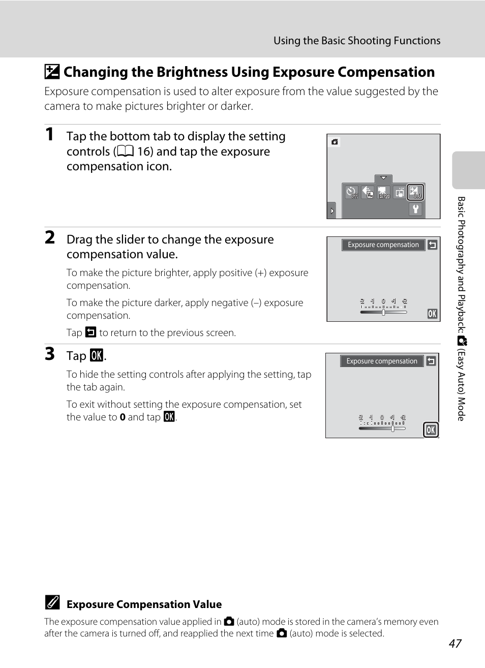 A 47) or ot, Tap i, Using the basic shooting functions | Exposure compensation value | Nikon Coolpix S1100pj User Manual | Page 61 / 216