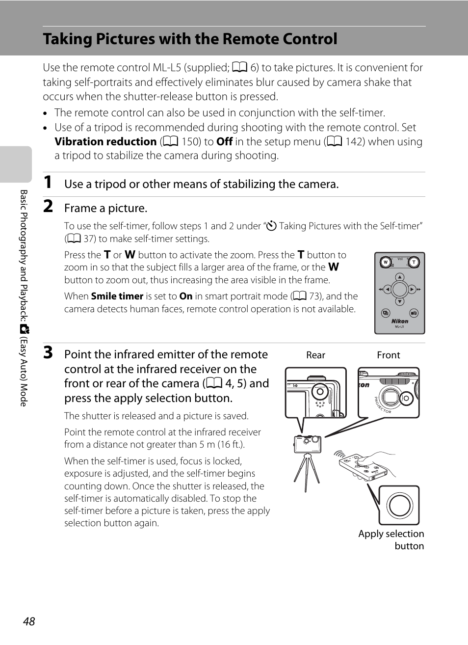 Taking pictures with the remote control, A 48) | Nikon Coolpix S1100pj User Manual | Page 62 / 216