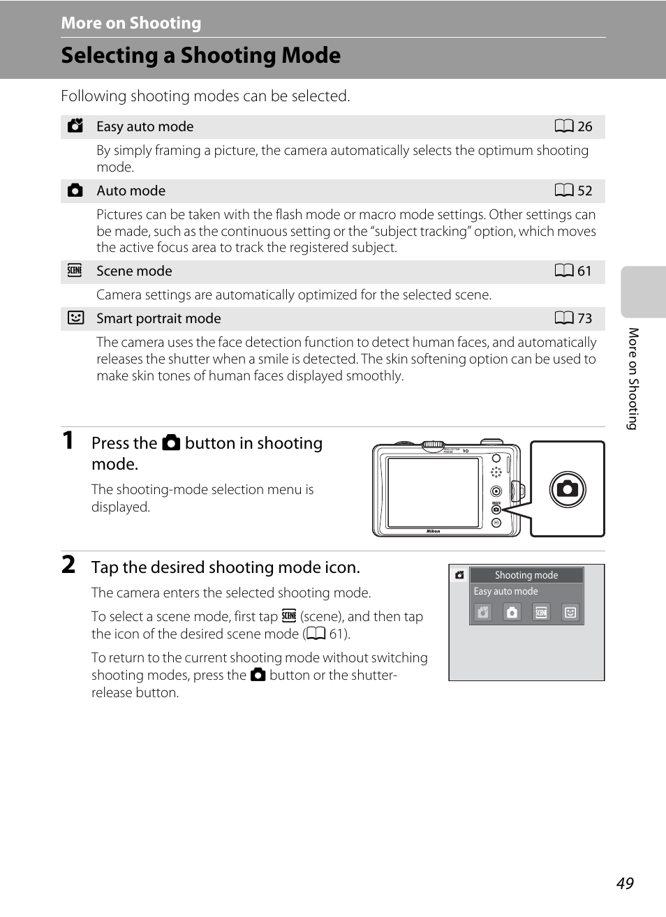 More on shooting, Selecting a shooting mode, A 49) | Nikon Coolpix S1100pj User Manual | Page 63 / 216