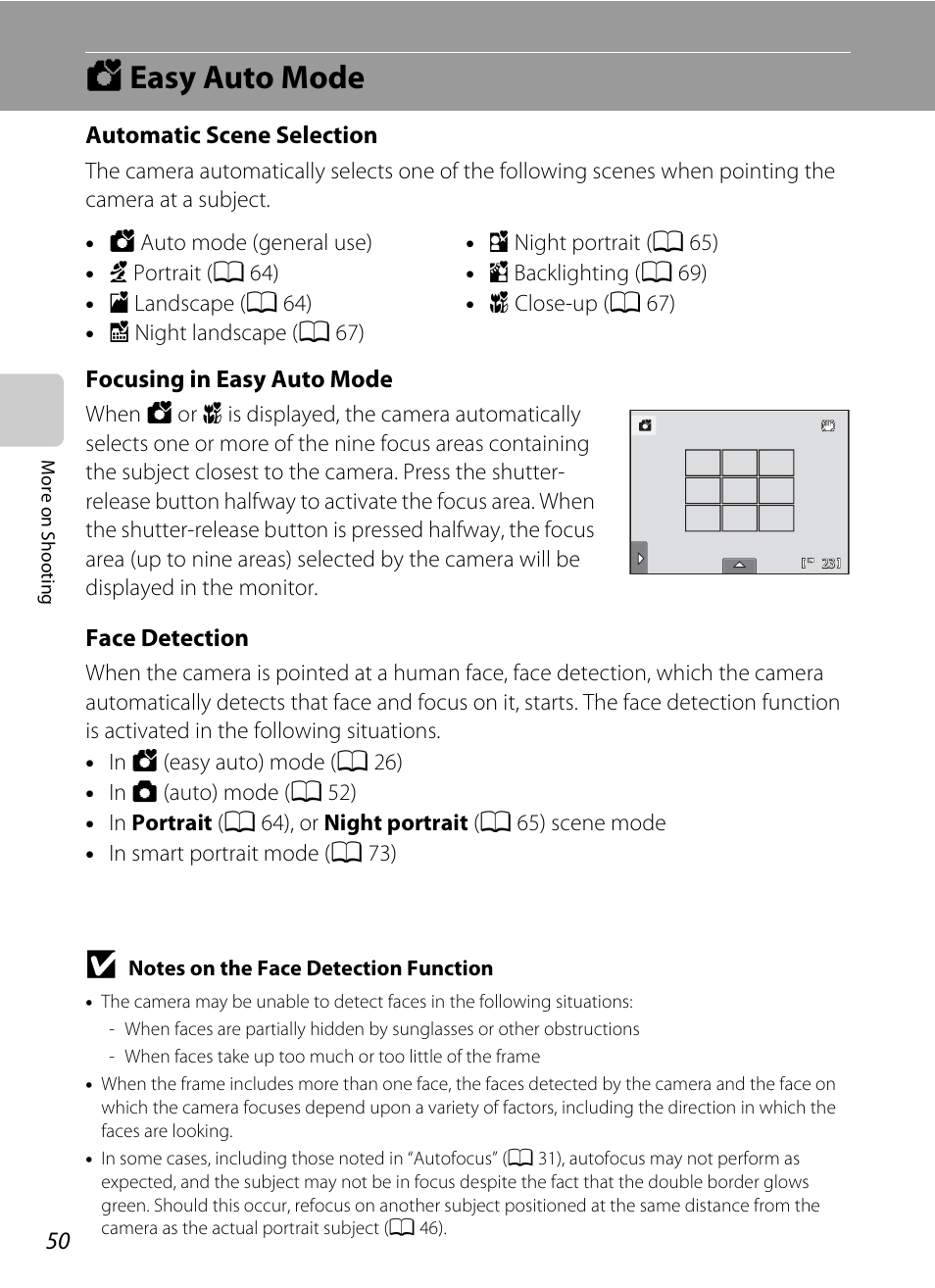 Easy auto mode, G easy auto mode, 50) tha | Ee “notes on the face detection function, A 50) fo, Automatic scene selection, Focusing in easy auto mode, Face detection | Nikon Coolpix S1100pj User Manual | Page 64 / 216