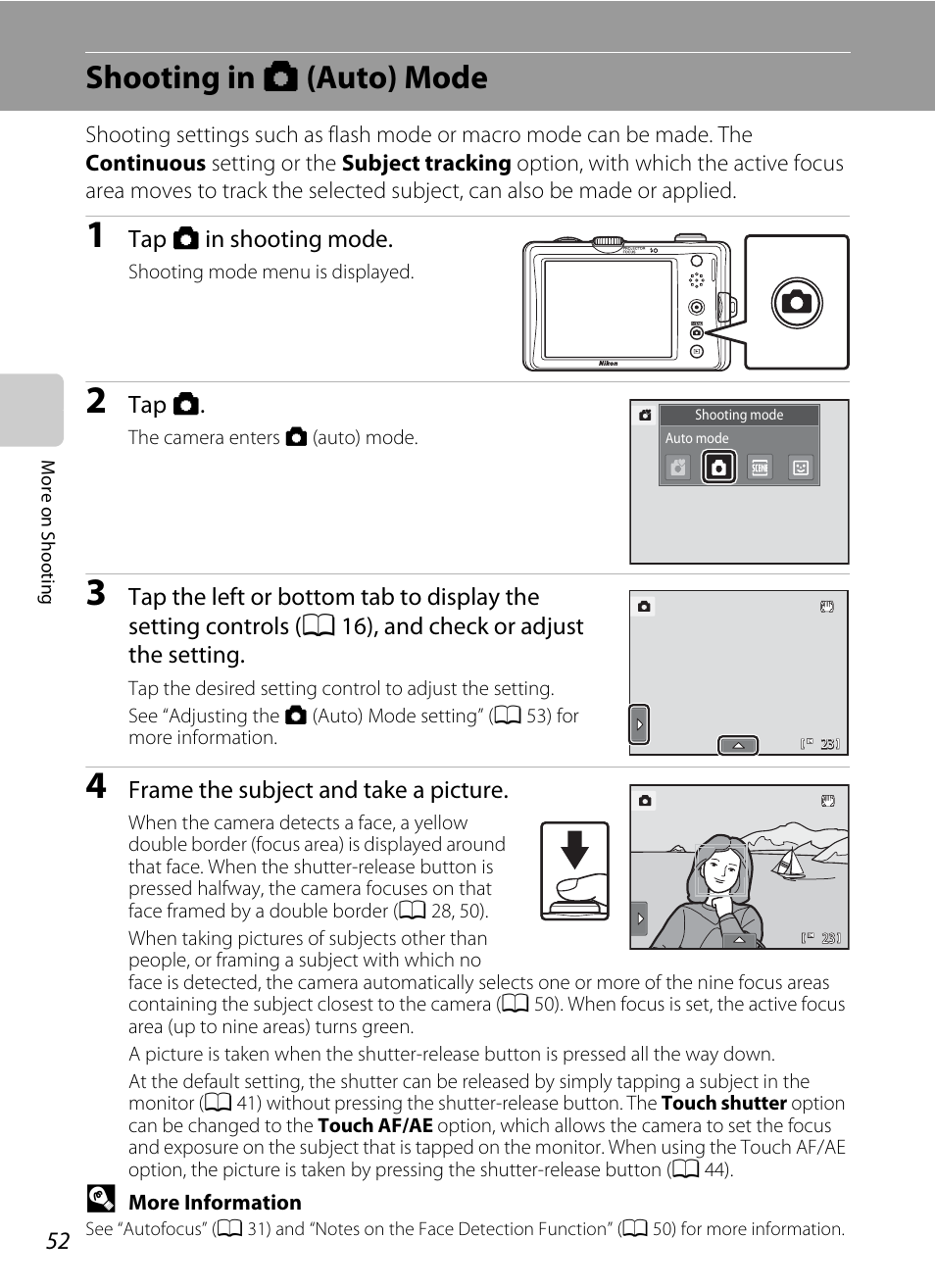 Shooting in auto mode, Shooting in a (auto) mode, A 52), some | A 52, Auto) mode (a 52) | Nikon Coolpix S1100pj User Manual | Page 66 / 216