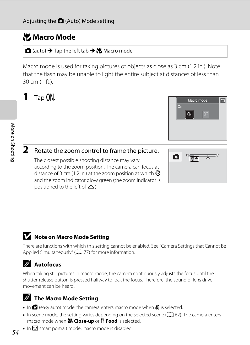 Macro mode, P macro mode | Nikon Coolpix S1100pj User Manual | Page 68 / 216