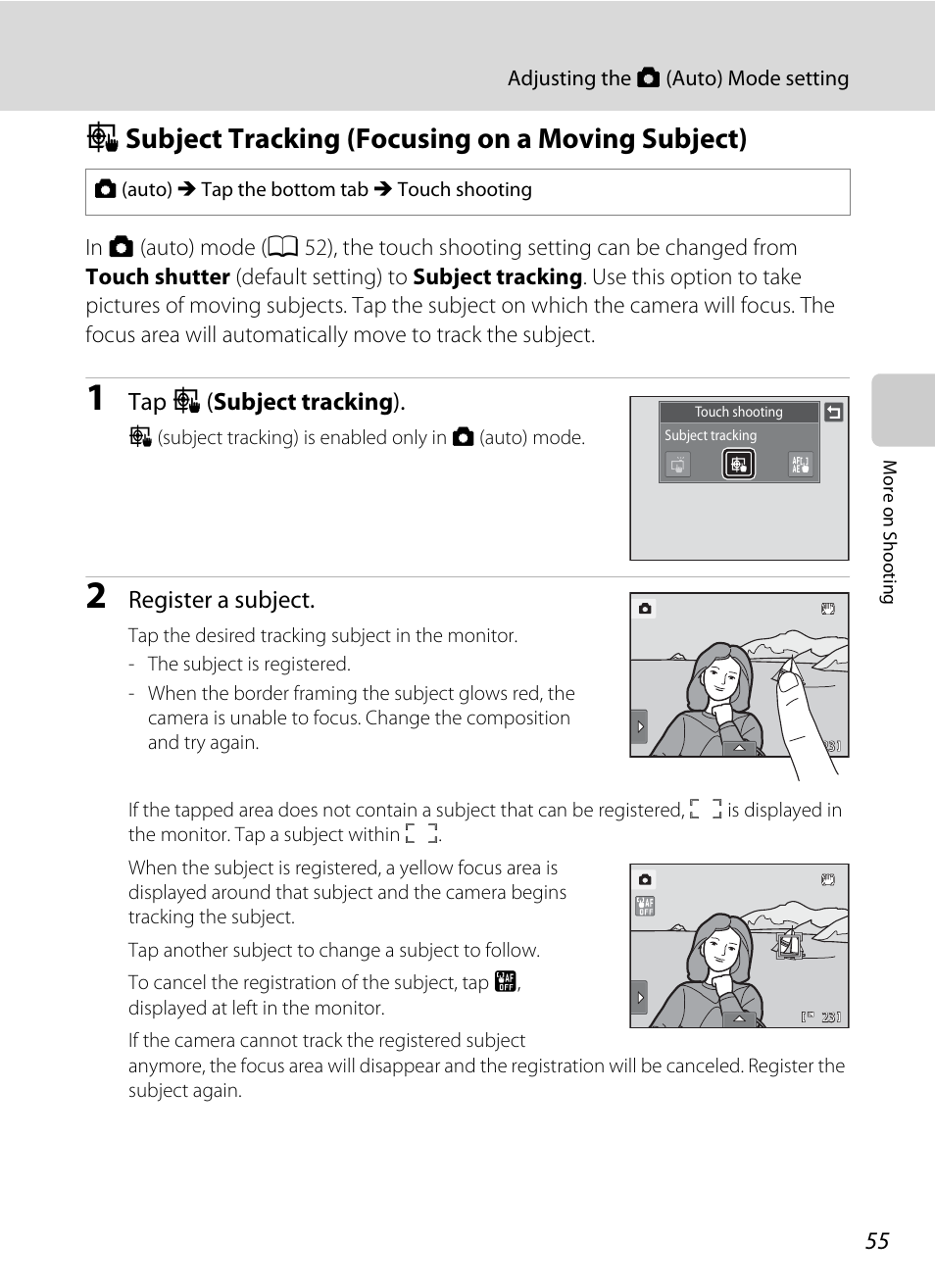 Subject tracking (focusing on a moving subject), S subject tracking (focusing on a moving subject), A 55) | Tap s ( subject tracking ), Register a subject | Nikon Coolpix S1100pj User Manual | Page 69 / 216