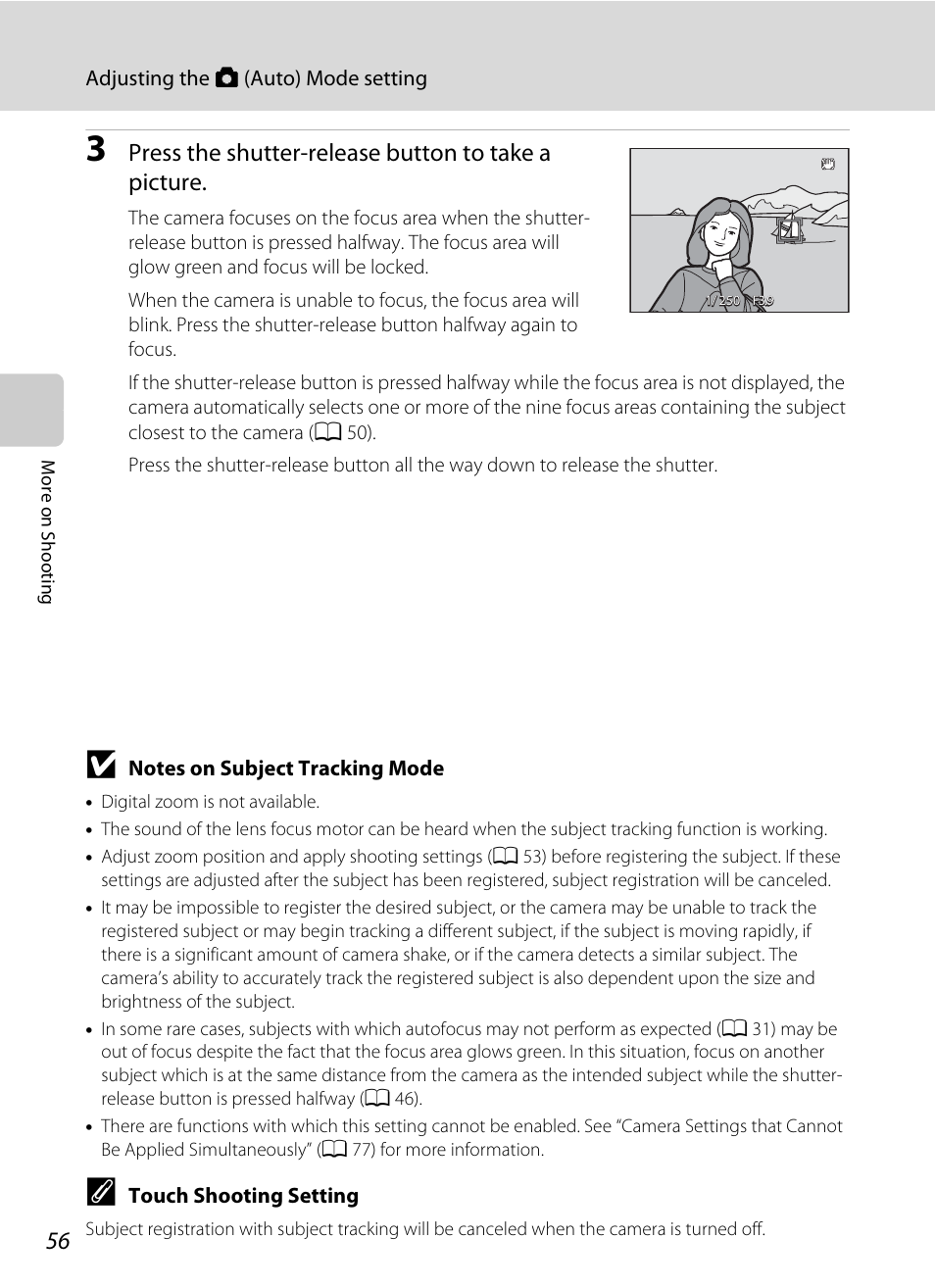 Press the shutter-release button to take a picture | Nikon Coolpix S1100pj User Manual | Page 70 / 216