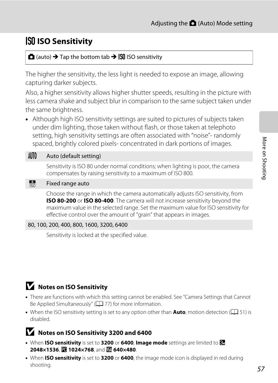 Iso sensitivity, E iso sensitivity | Nikon Coolpix S1100pj User Manual | Page 71 / 216