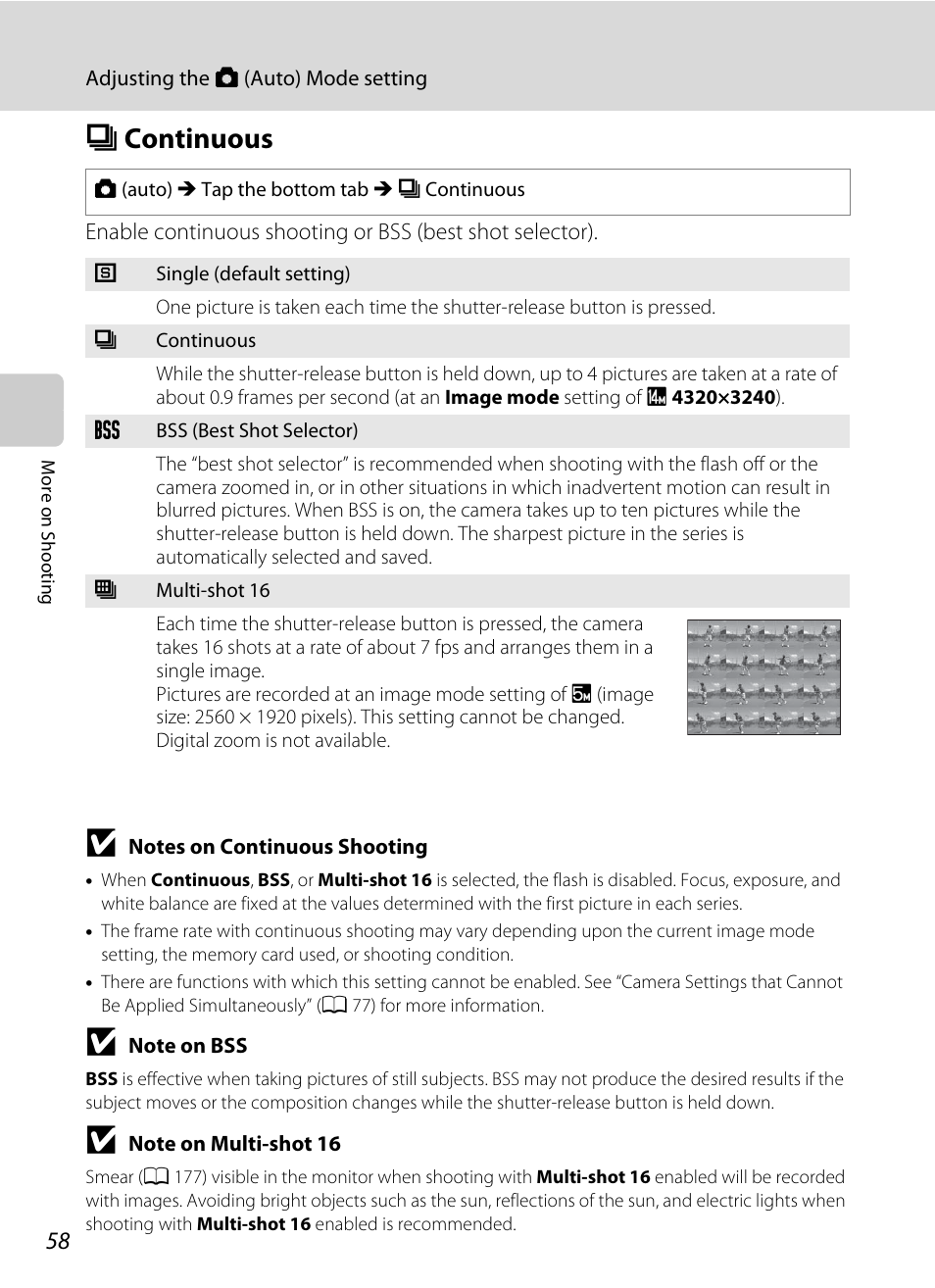 Continuous, C continuous, A 58 | Nikon Coolpix S1100pj User Manual | Page 72 / 216