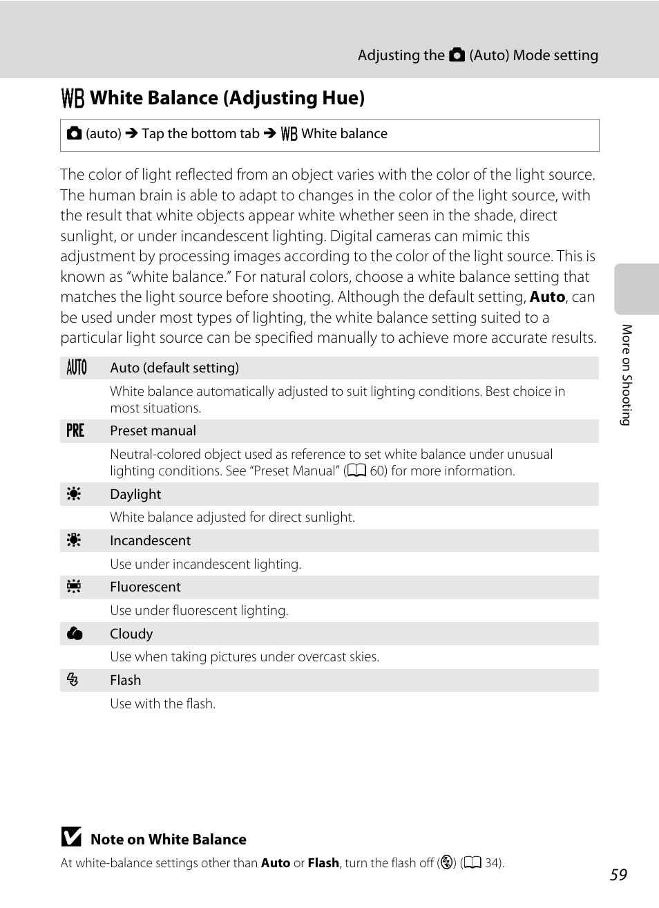 White balance (adjusting hue), W white balance (adjusting hue) | Nikon Coolpix S1100pj User Manual | Page 73 / 216