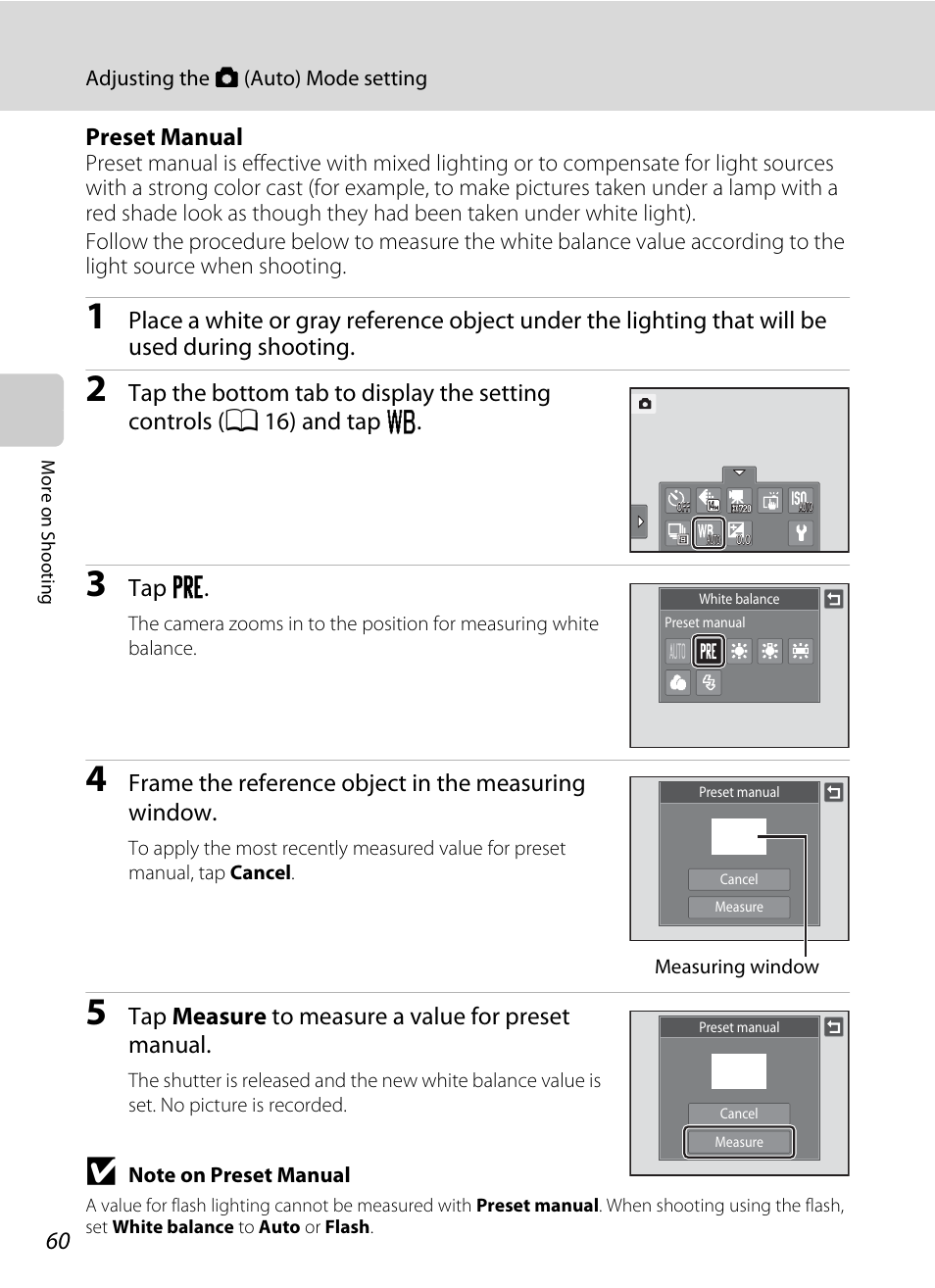 Preset manual, Tap b, Frame the reference object in the measuring window | Tap measure to measure a value for preset manual | Nikon Coolpix S1100pj User Manual | Page 74 / 216