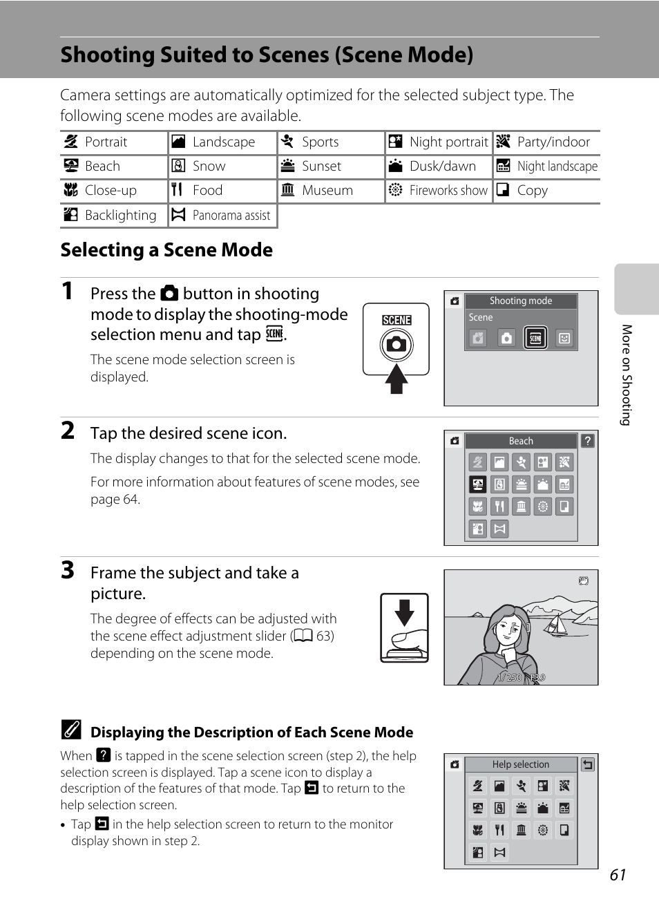 Shooting suited to scenes (scene mode), Selecting a scene mode, A 61) | A 61), an, A 61, Tap the desired scene icon, Frame the subject and take a picture | Nikon Coolpix S1100pj User Manual | Page 75 / 216