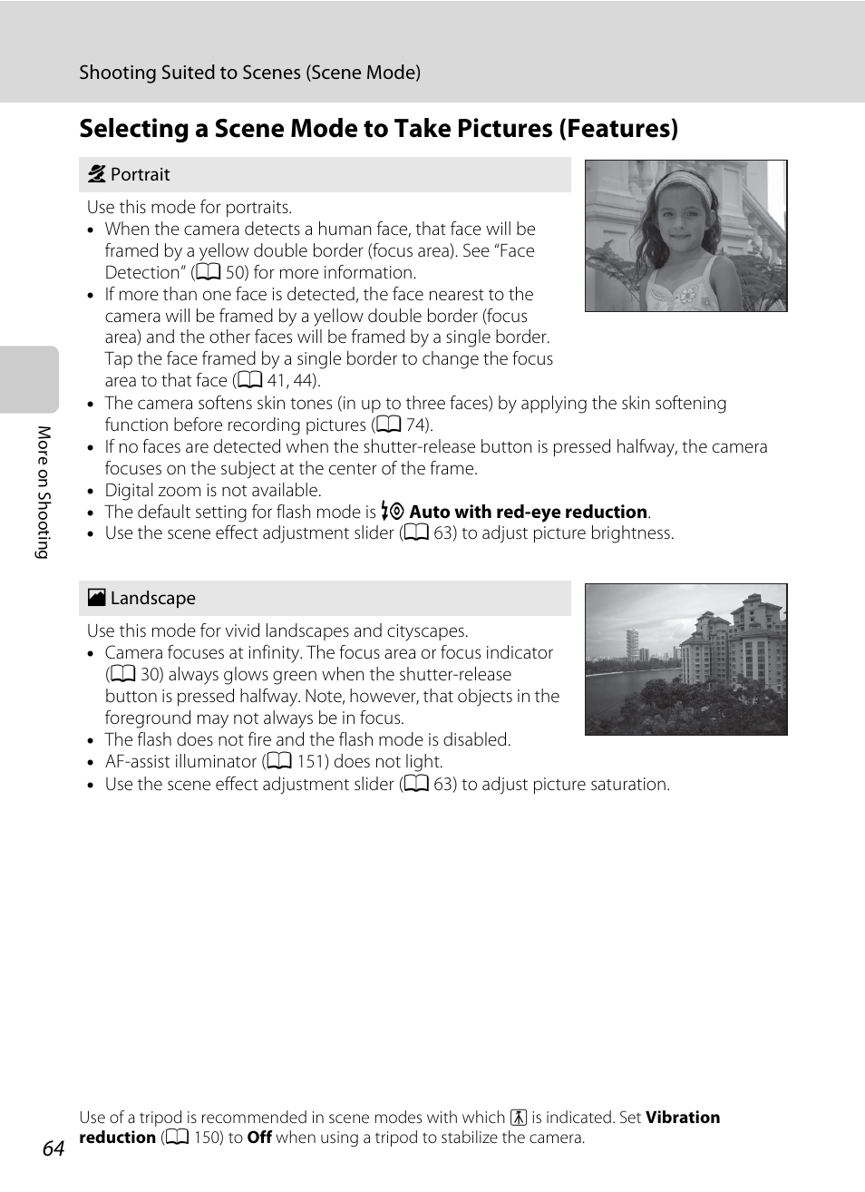 Selecting a scene mode to take pictures (features), A 64) f, A 64) | Nikon Coolpix S1100pj User Manual | Page 78 / 216