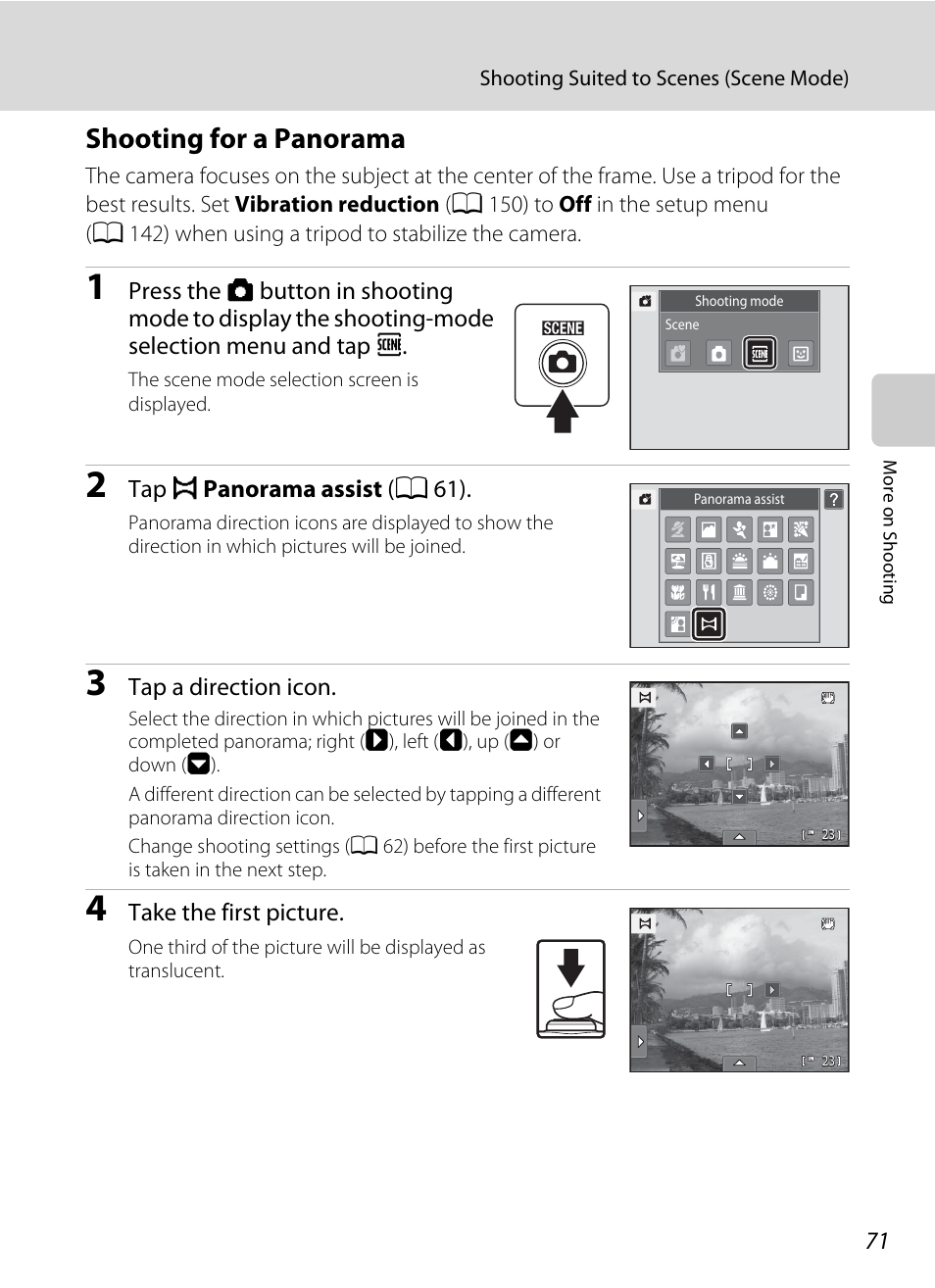 Shooting for a panorama | Nikon Coolpix S1100pj User Manual | Page 85 / 216