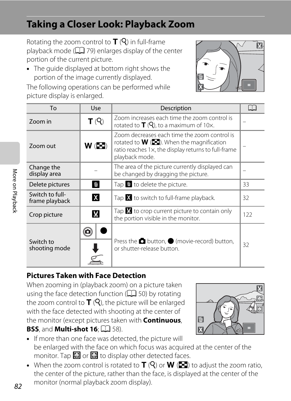 Taking a closer look: playback zoom, A 82), Pictures taken with face detection | Nikon Coolpix S1100pj User Manual | Page 96 / 216