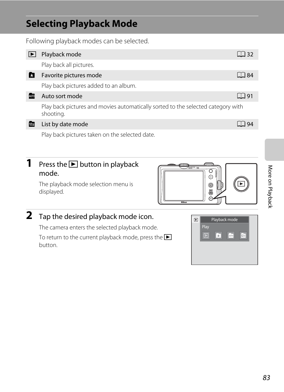 Selecting playback mode | Nikon Coolpix S1100pj User Manual | Page 97 / 216