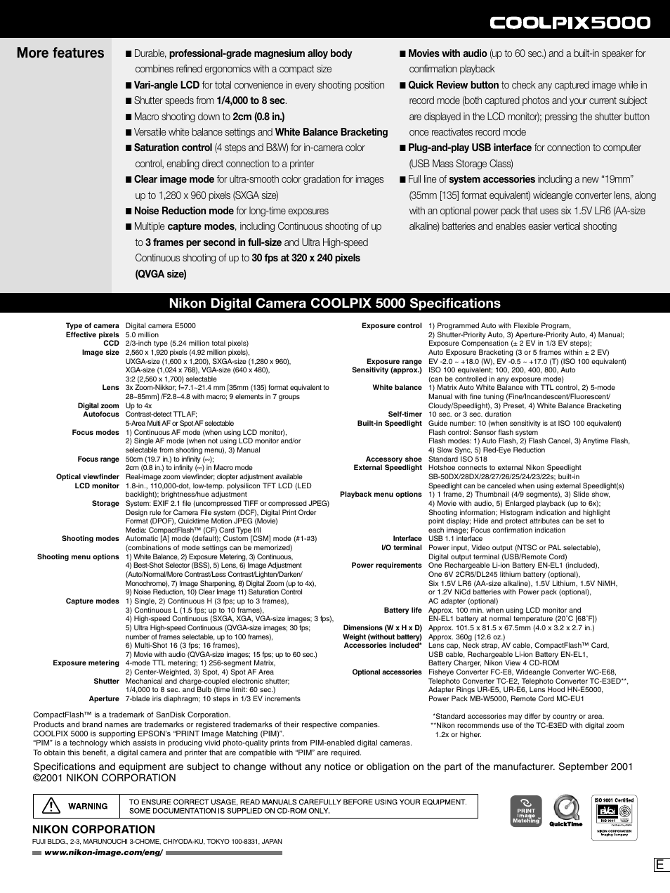 More features, Nikon digital camera coolpix 5000 specifications, Nikon corporation | Nikon COOLPIX 5000 User Manual | Page 2 / 2