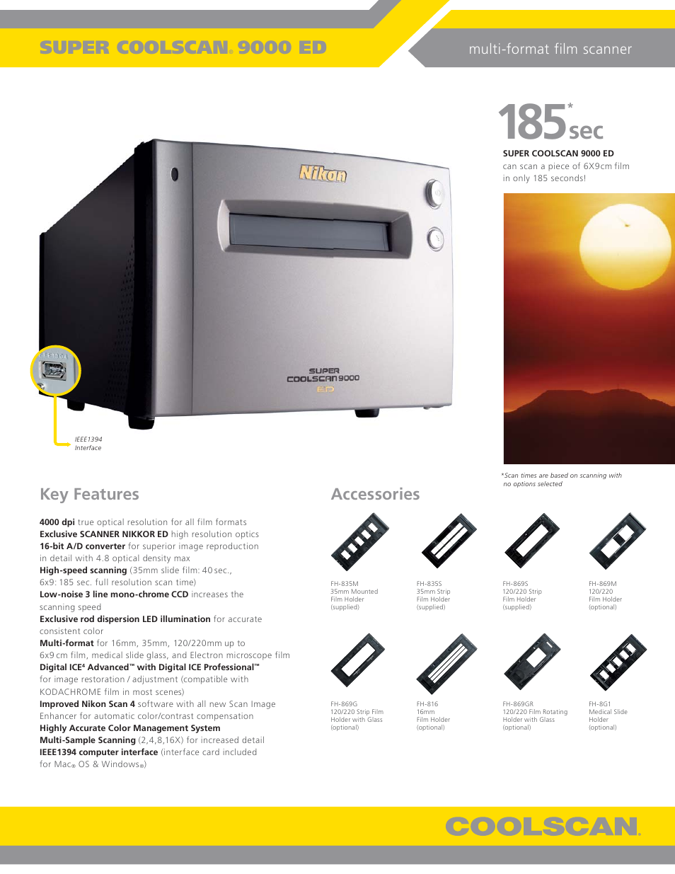 Super coolscan, 9000 ed, Key features | Accessories, Multi-format film scanner | Nikon 9000 ED User Manual | Page 3 / 8