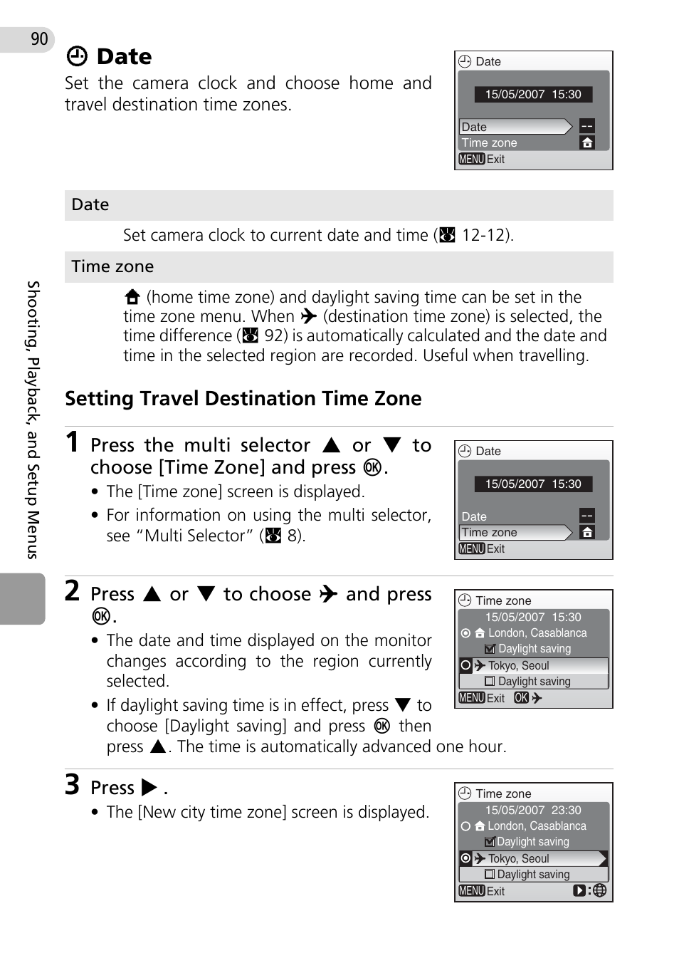 Date, Wdate, Setting travel destination time zone | Press g or h to choose y and press d, Press j | Nikon Coolpix L10 User Manual | Page 100 / 135