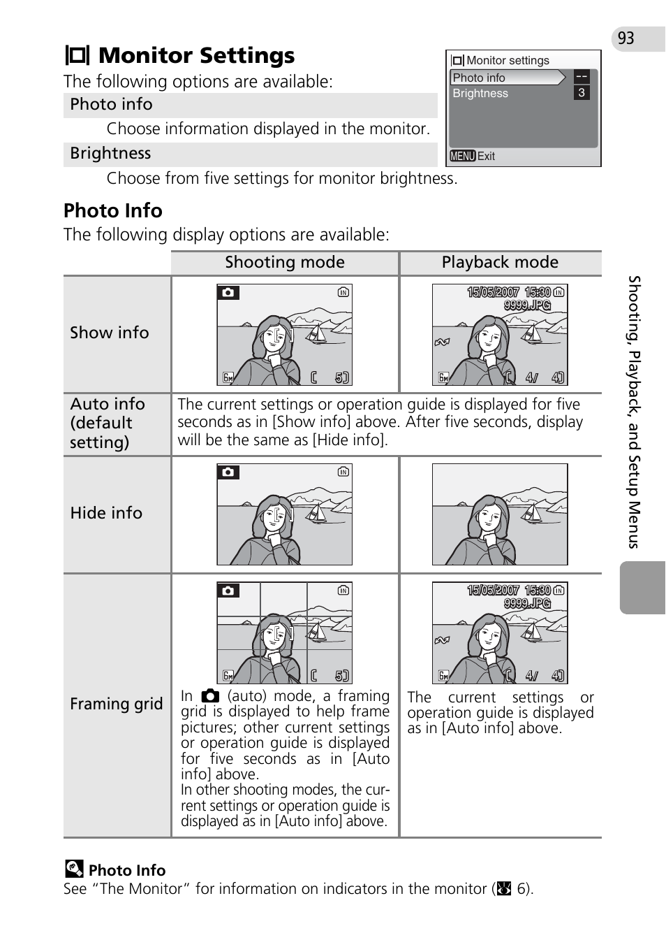 Monitor settings, Zmonitor settings, Photo info | The following options are available, The following display options are available | Nikon Coolpix L10 User Manual | Page 103 / 135