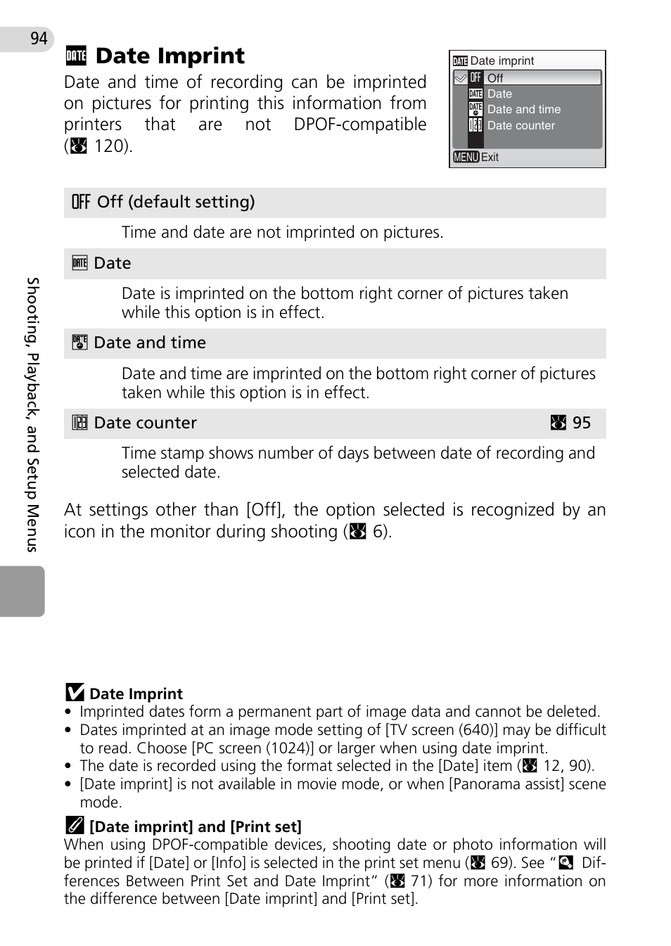 Date imprint, Fdate imprint | Nikon Coolpix L10 User Manual | Page 104 / 135