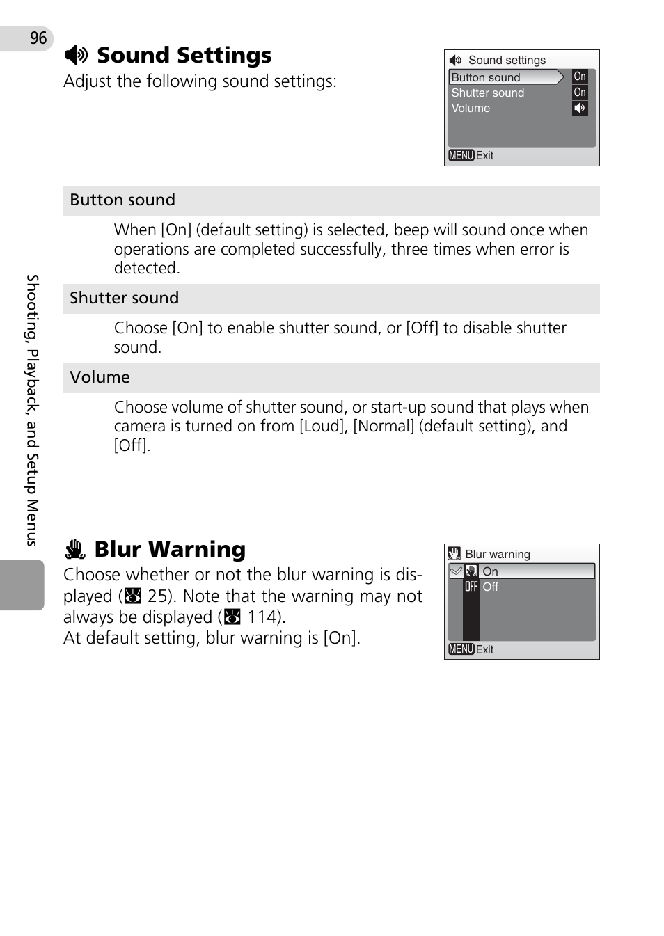 Sound settings, Blur warning, Hsound settings | Hblur warning | Nikon Coolpix L10 User Manual | Page 106 / 135