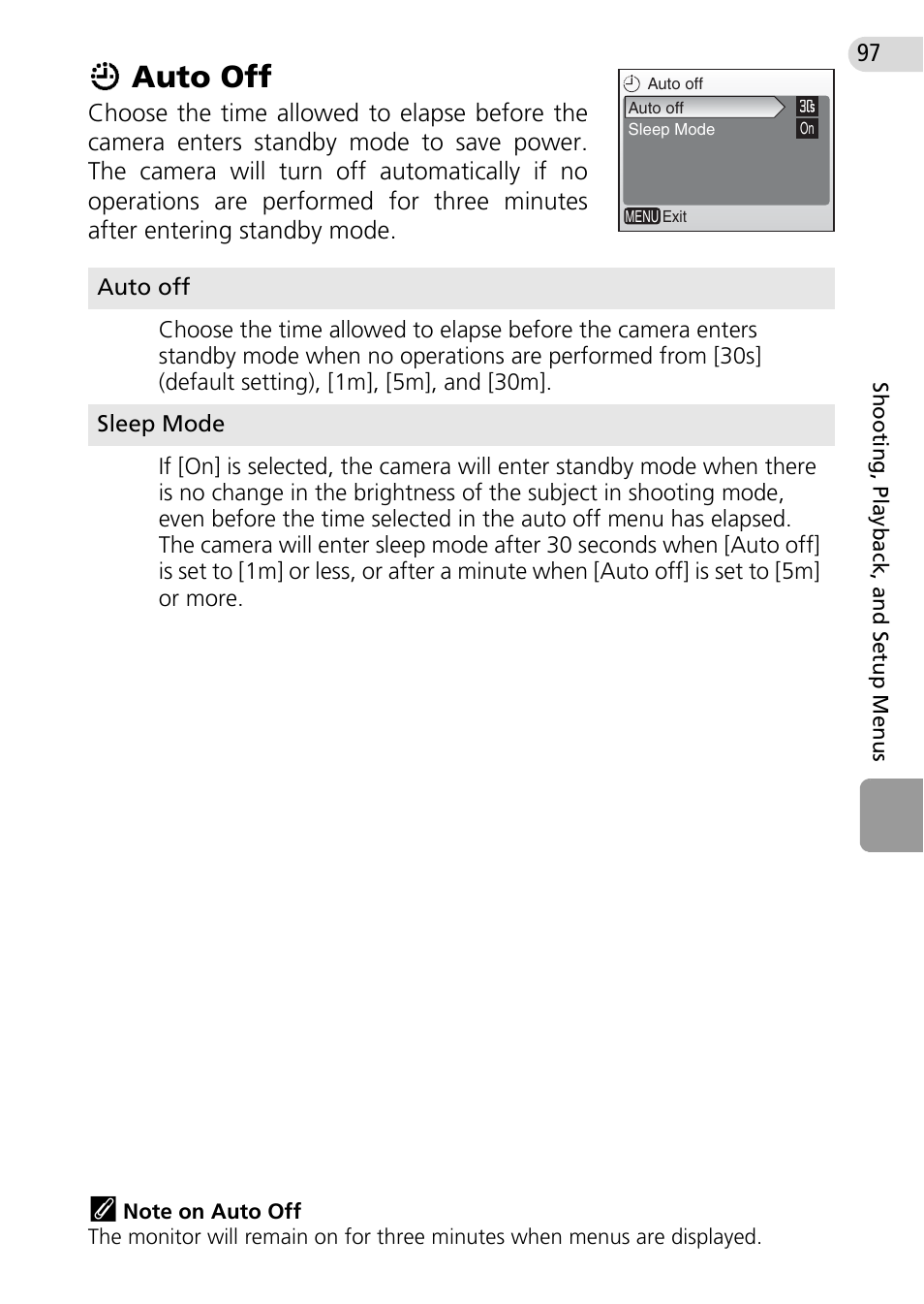 Auto off, N (c 97), Iauto off | Nikon Coolpix L10 User Manual | Page 107 / 135