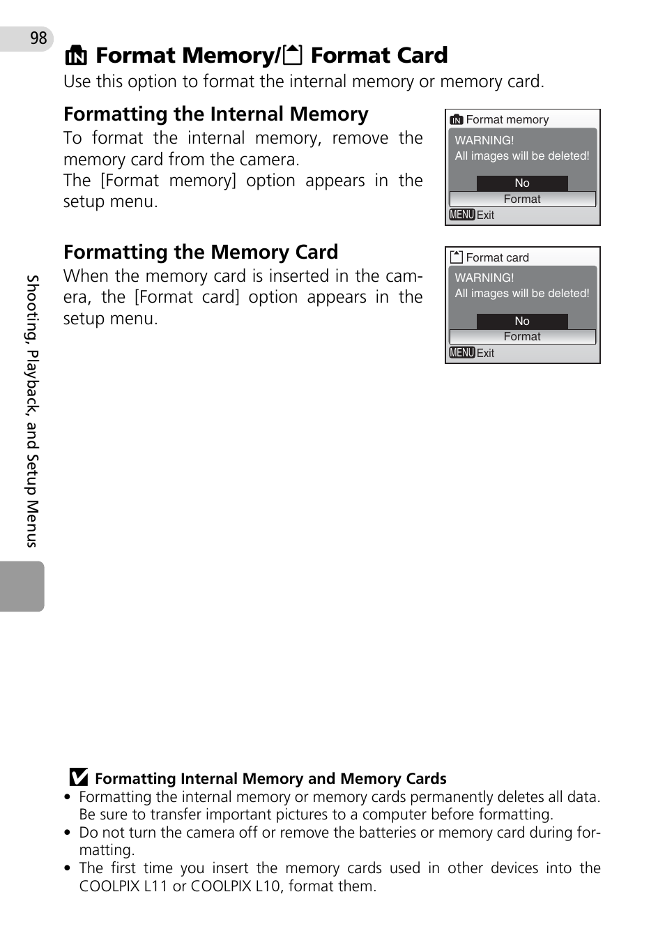 Format memory/format card | Nikon Coolpix L10 User Manual | Page 108 / 135