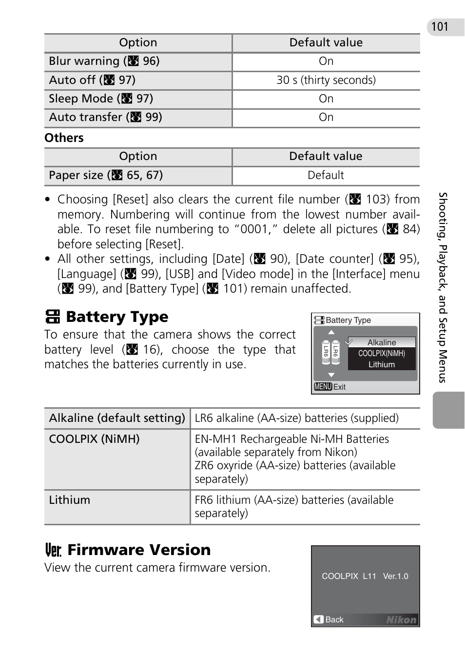 Battery type, Firmware version, C 101) | Gbattery type, Bfirmware version | Nikon Coolpix L10 User Manual | Page 111 / 135