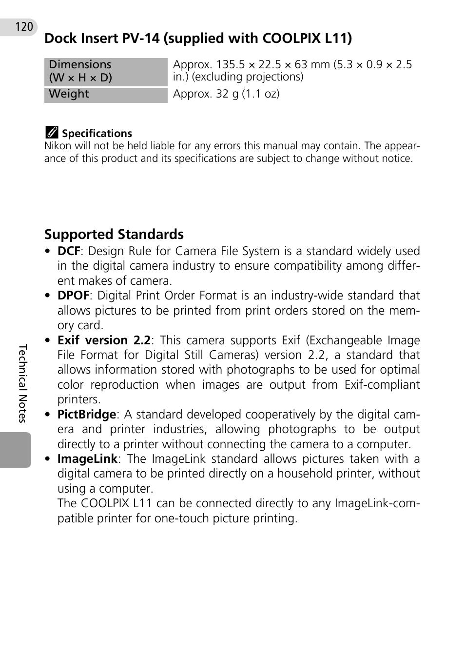 C 120) printers, C 120), Dock insert pv-14 (supplied with coolpix l11) k | Supported standards | Nikon Coolpix L10 User Manual | Page 130 / 135