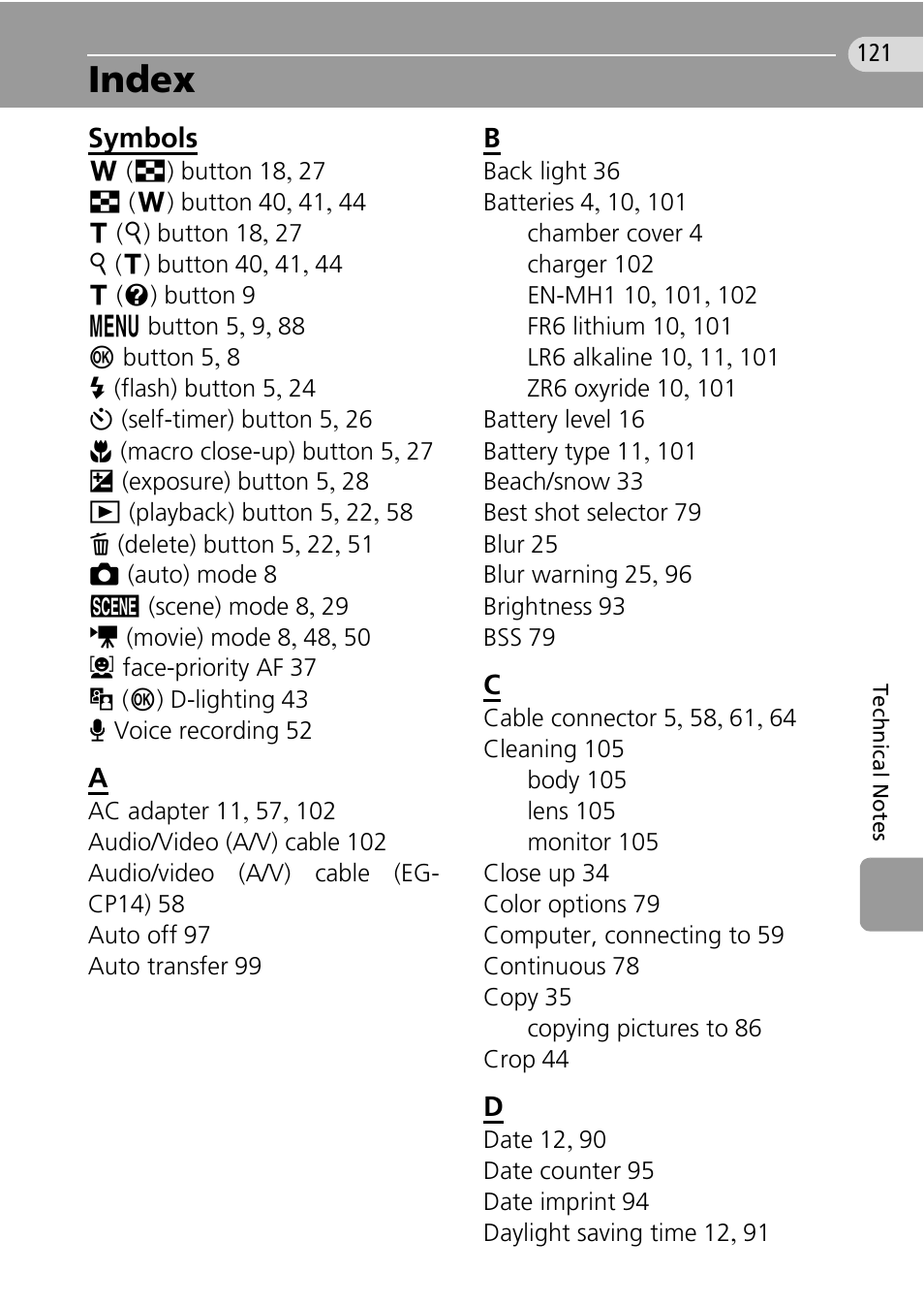 Index, Symbols | Nikon Coolpix L10 User Manual | Page 131 / 135