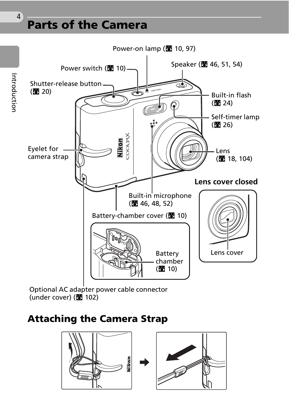 Parts of the camera, Attaching the camera strap | Nikon Coolpix L10 User Manual | Page 14 / 135