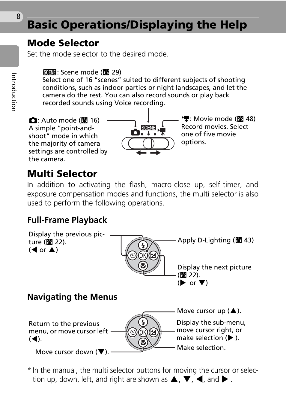 Basic operations/displaying the help, Mode selector, Multi selector | Or (c 8, C 8), Full-frame playback navigating the menus | Nikon Coolpix L10 User Manual | Page 18 / 135