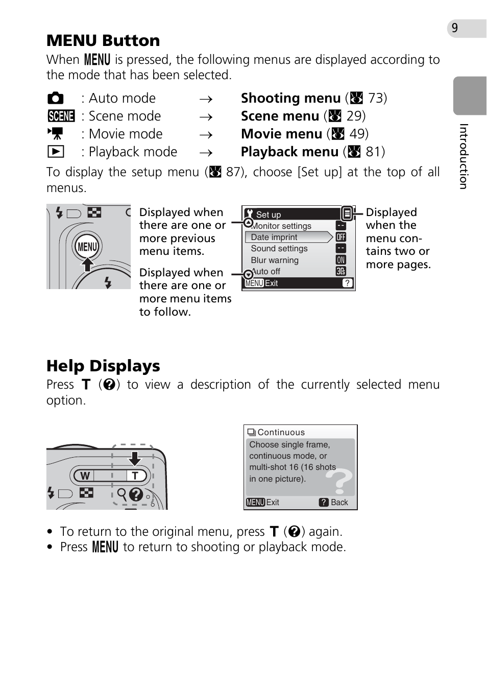 Menu button, Help displays, C 9) | Nikon Coolpix L10 User Manual | Page 19 / 135
