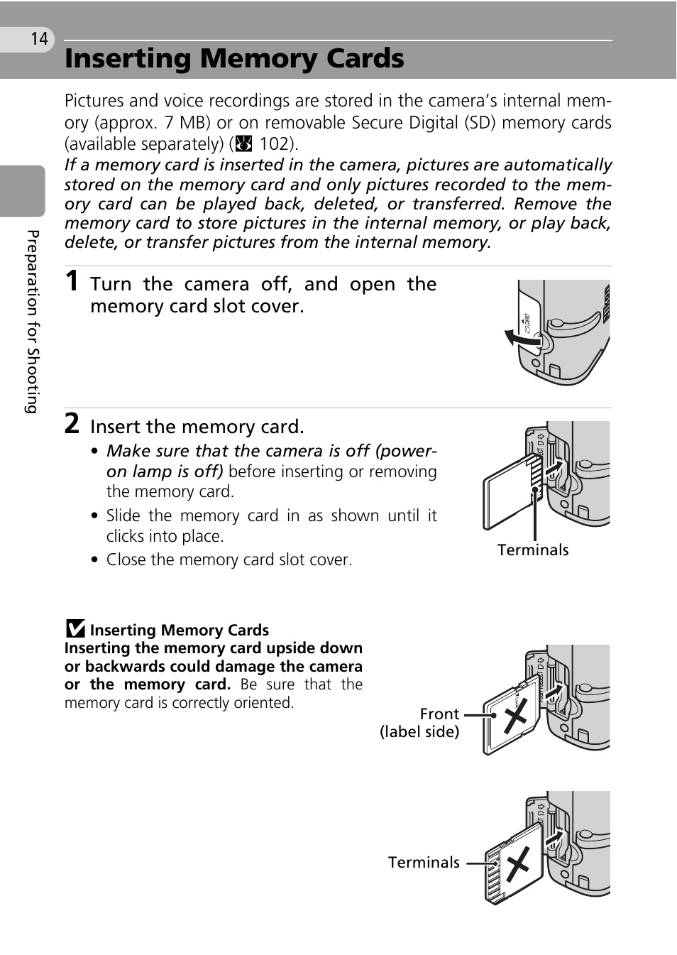 Inserting memory cards, R (c 14) | Nikon Coolpix L10 User Manual | Page 24 / 135