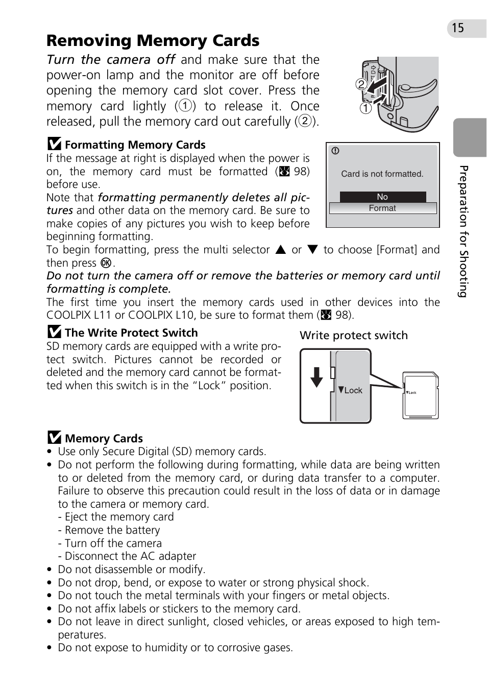Removing memory cards | Nikon Coolpix L10 User Manual | Page 25 / 135