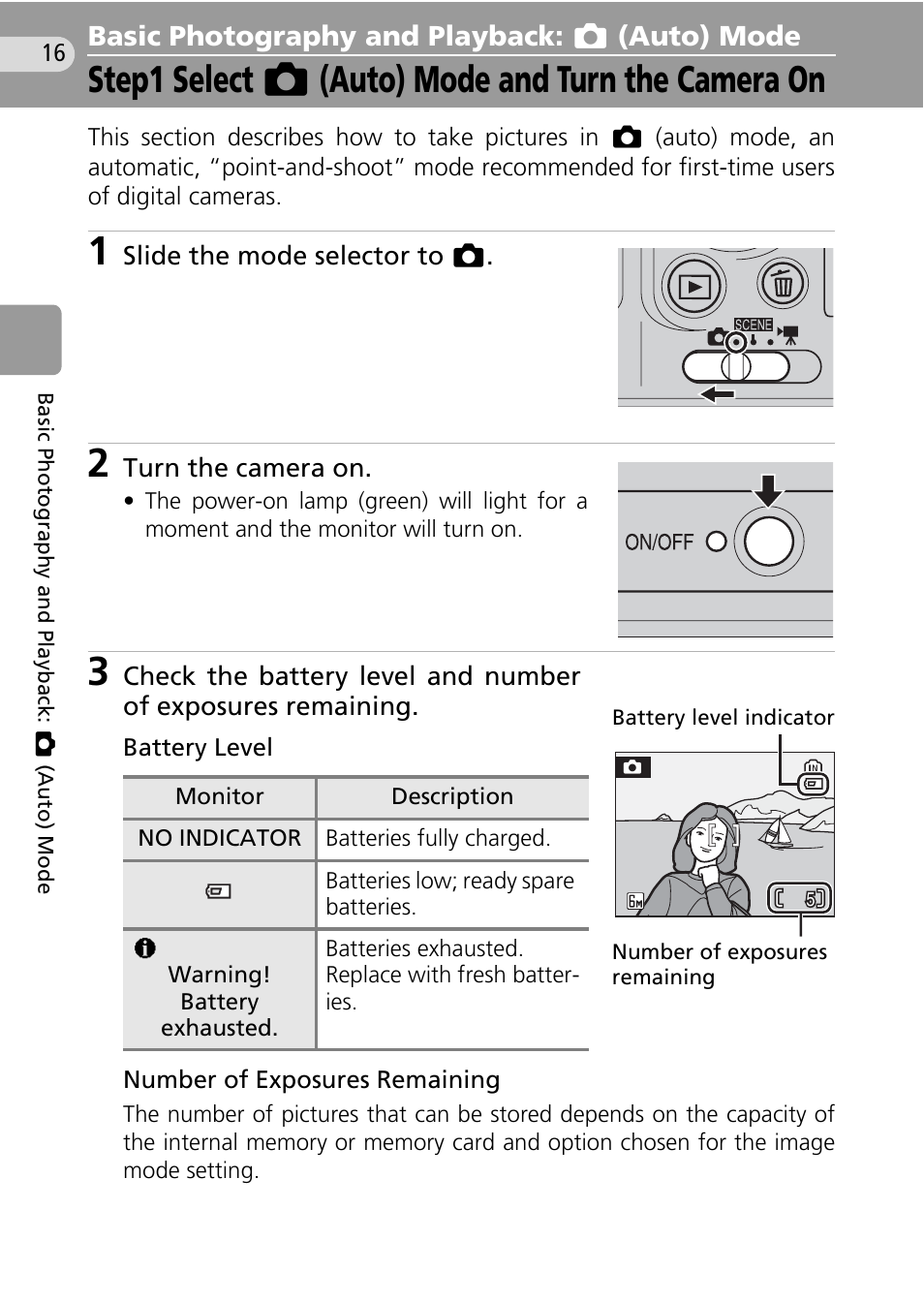Basic photography and playback: (auto) mode, Step1 select (auto) mode and turn the camera on, Basic photography and playback: l | Step1 select l, C 16), Step1 select l (auto) mode and turn the camera on, Basic photography and playback: l (auto) mode | Nikon Coolpix L10 User Manual | Page 26 / 135
